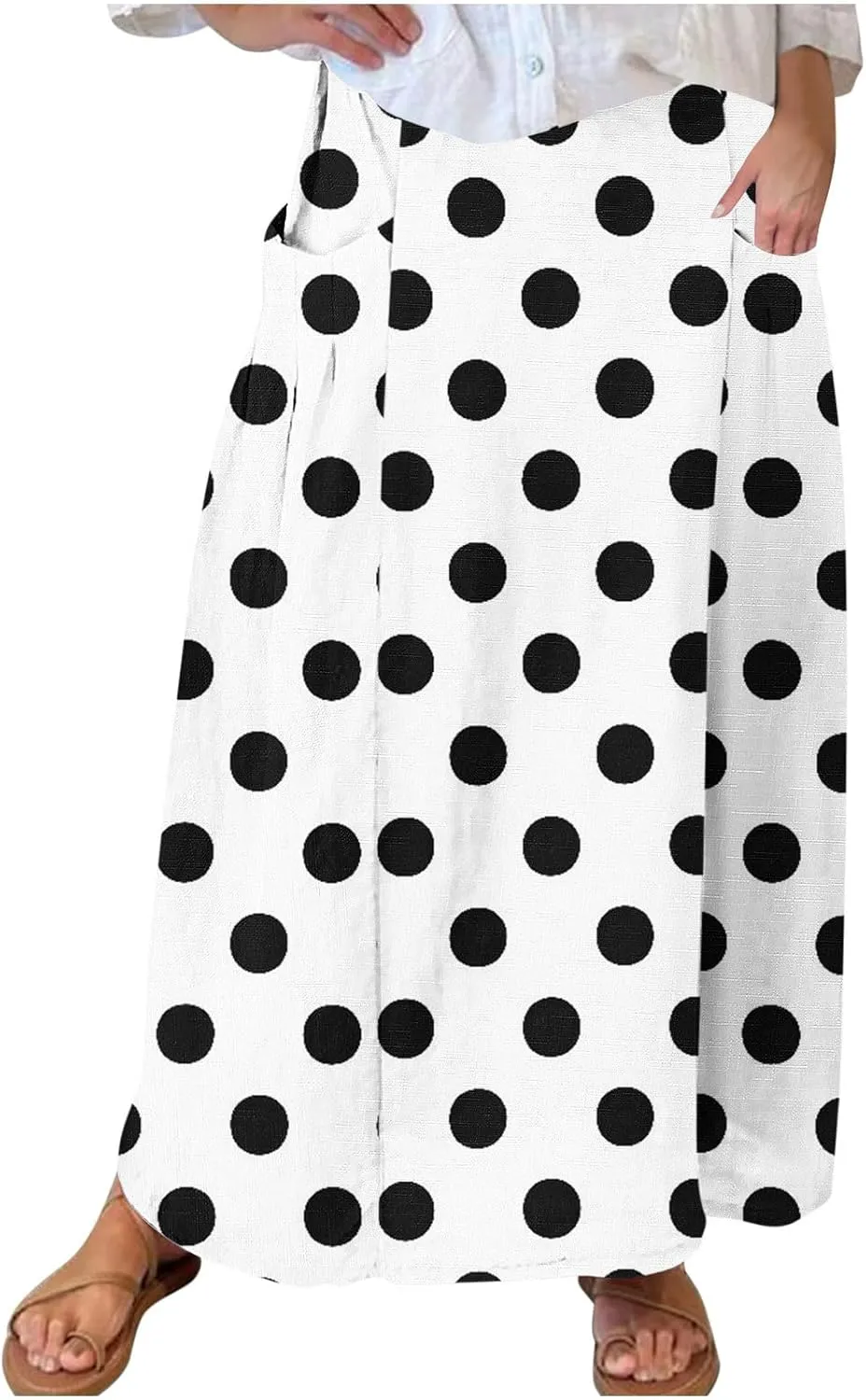 2025 Hot Womens Ploka Dot Maxi Skirts Loose Fit Casual Skirt Elastic Waist A-Line Swing Ankle Skirts with Pockets