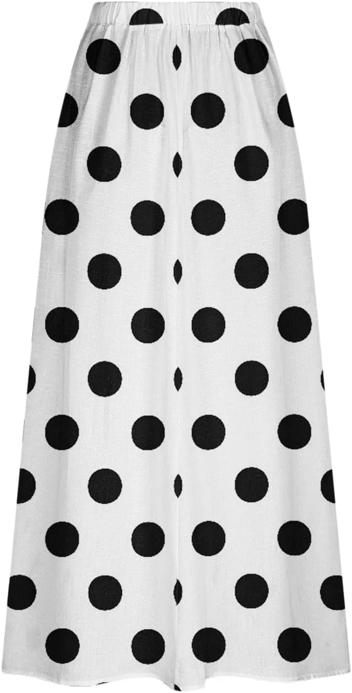 2025 Hot Womens Ploka Dot Maxi Skirts Loose Fit Casual Skirt Elastic Waist A-Line Swing Ankle Skirts with Pockets