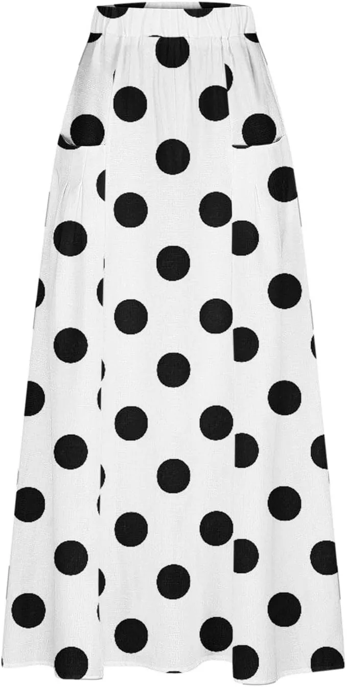 2025 Hot Womens Ploka Dot Maxi Skirts Loose Fit Casual Skirt Elastic Waist A-Line Swing Ankle Skirts with Pockets
