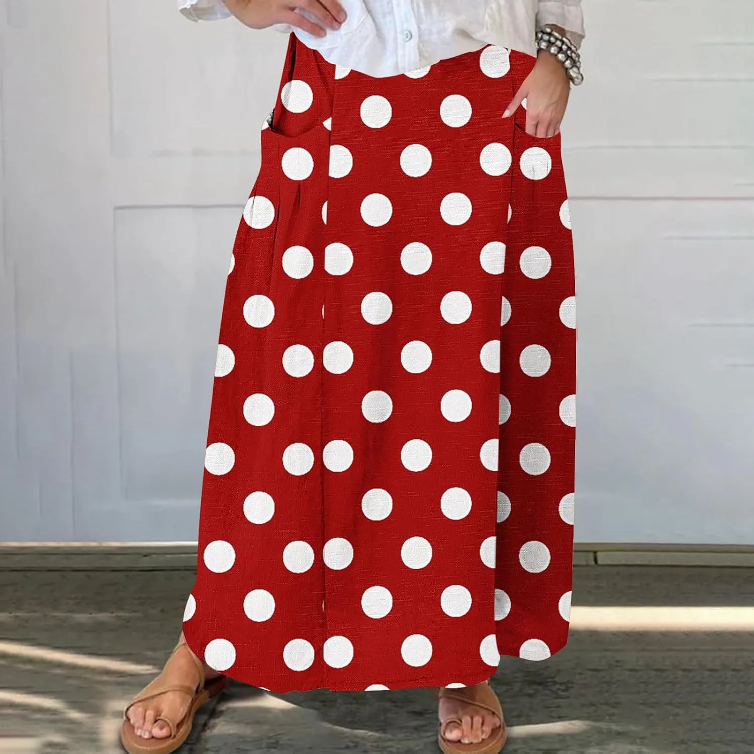 2025 Hot Womens Ploka Dot Maxi Skirts Loose Fit Casual Skirt Elastic Waist A-Line Swing Ankle Skirts with Pockets