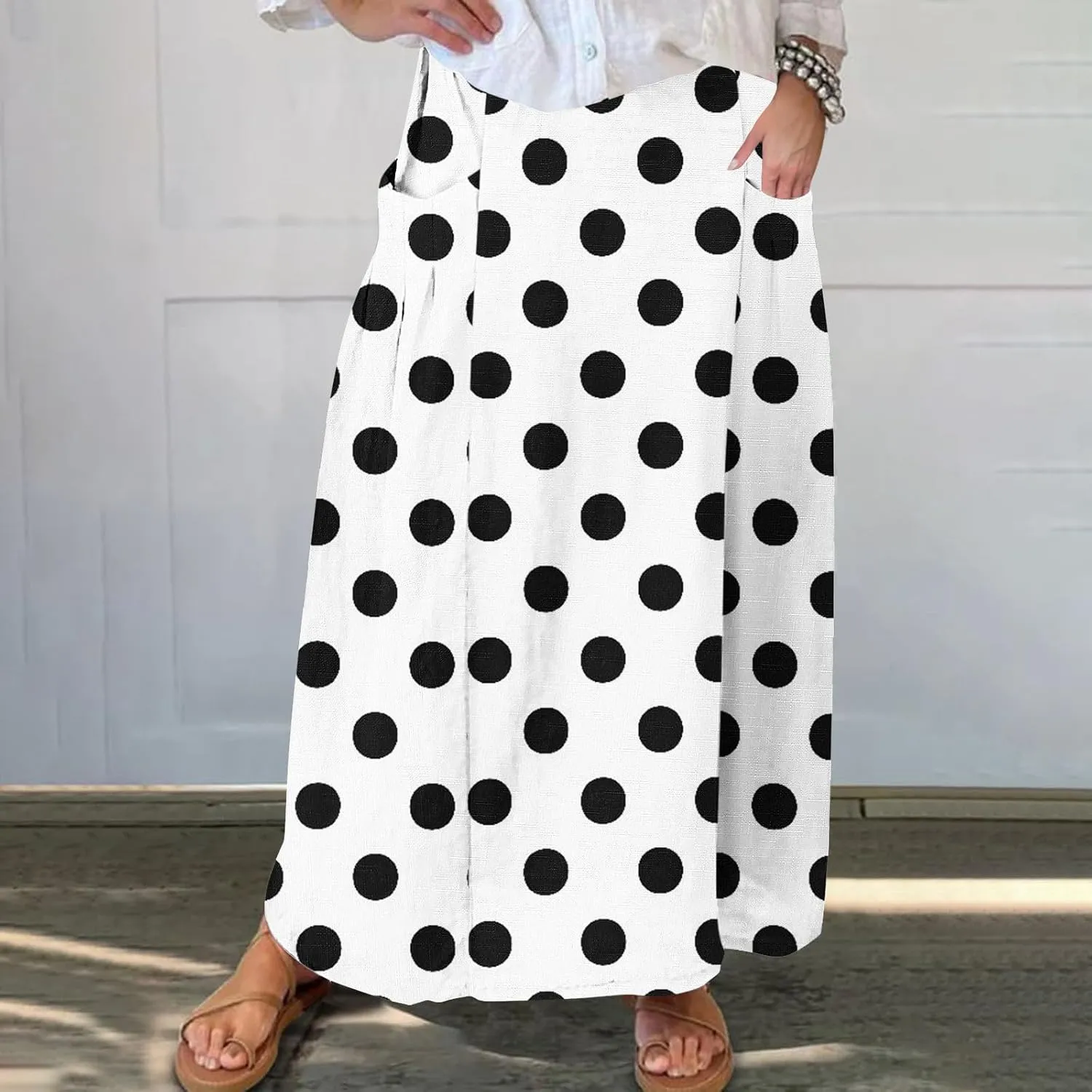 2025 Hot Womens Ploka Dot Maxi Skirts Loose Fit Casual Skirt Elastic Waist A-Line Swing Ankle Skirts with Pockets