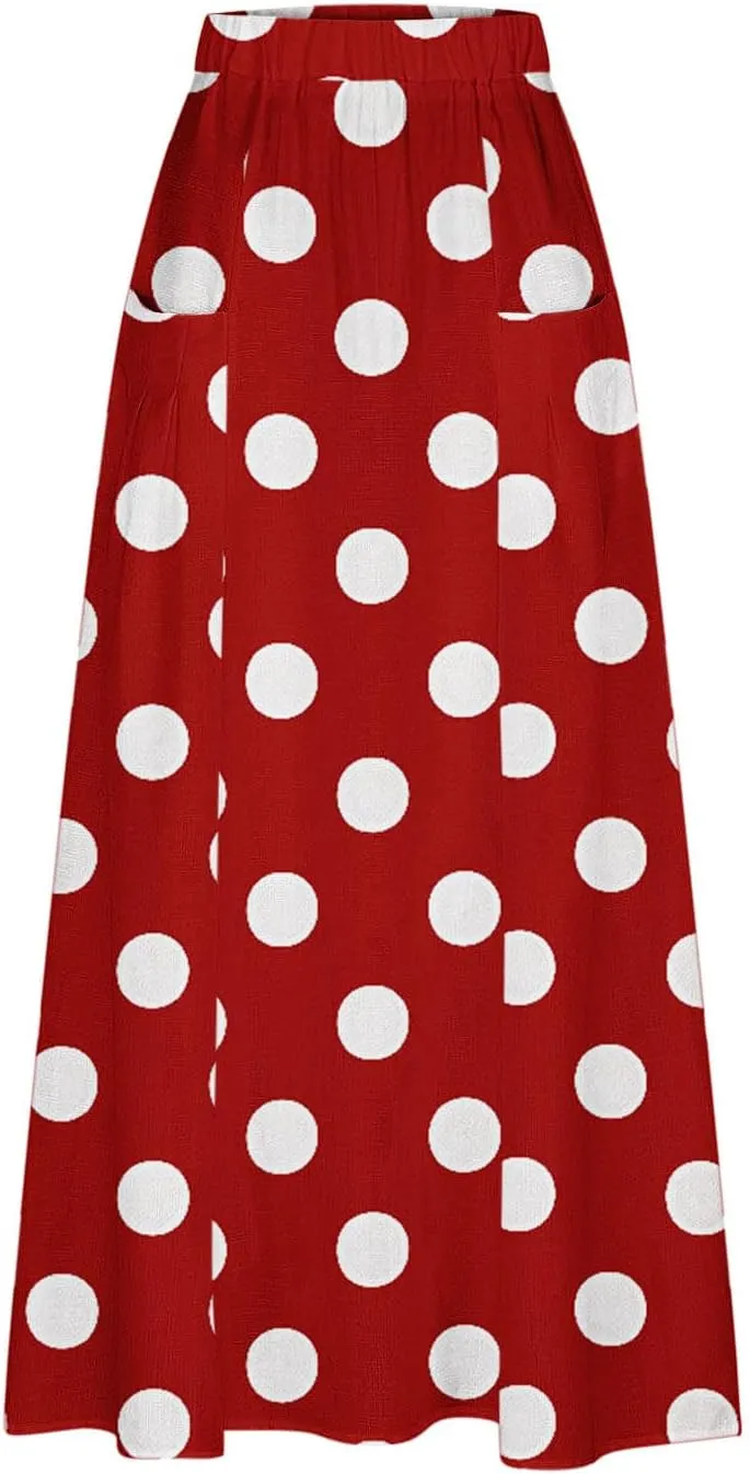2025 Hot Womens Ploka Dot Maxi Skirts Loose Fit Casual Skirt Elastic Waist A-Line Swing Ankle Skirts with Pockets