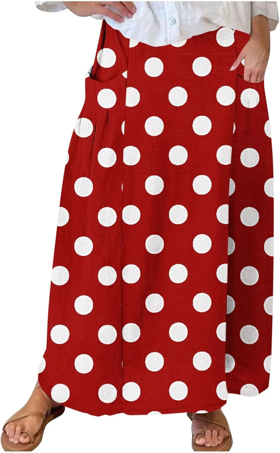2025 Hot Womens Ploka Dot Maxi Skirts Loose Fit Casual Skirt Elastic Waist A-Line Swing Ankle Skirts with Pockets