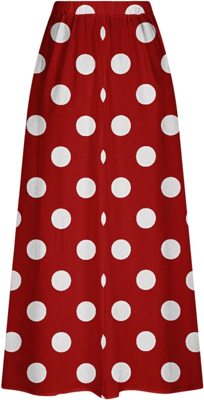 2025 Hot Womens Ploka Dot Maxi Skirts Loose Fit Casual Skirt Elastic Waist A-Line Swing Ankle Skirts with Pockets