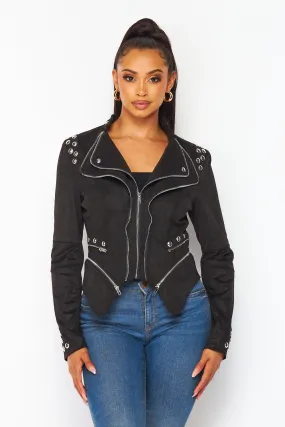Angie Faux Suede Zipper Trim Crop Lapel Jacket