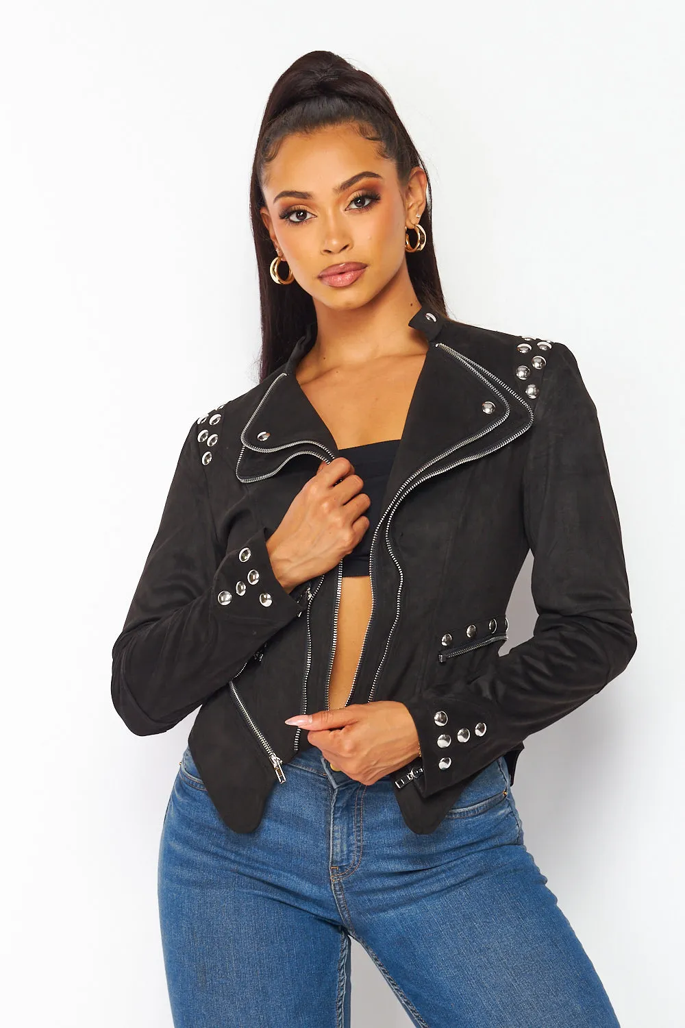 Angie Faux Suede Zipper Trim Crop Lapel Jacket