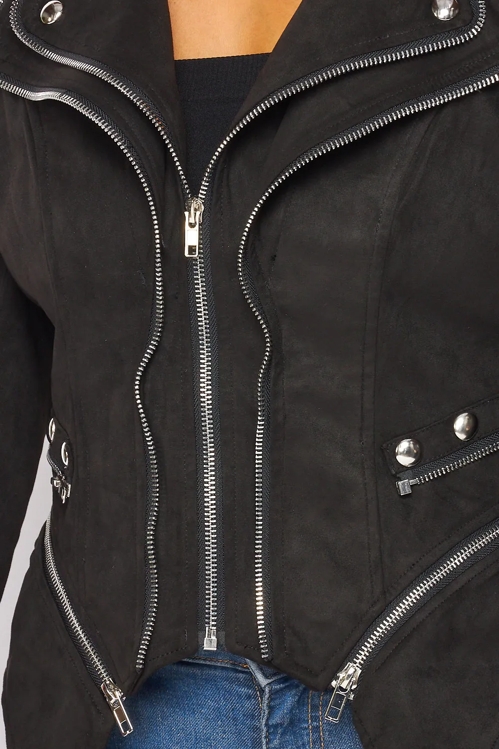 Angie Faux Suede Zipper Trim Crop Lapel Jacket