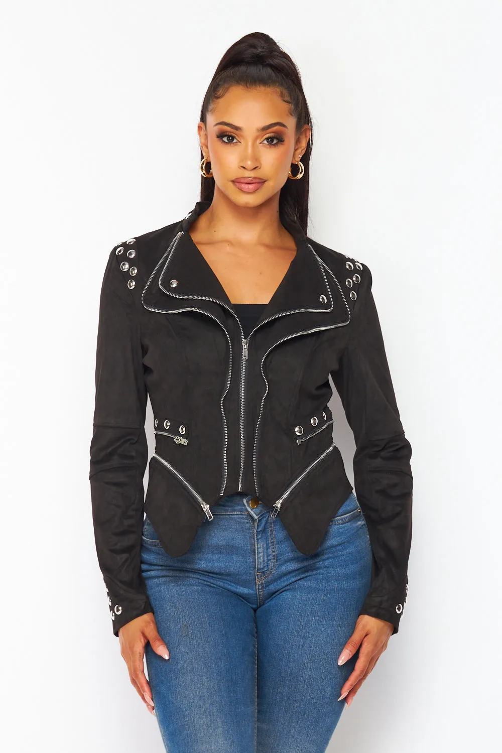 Angie Faux Suede Zipper Trim Crop Lapel Jacket