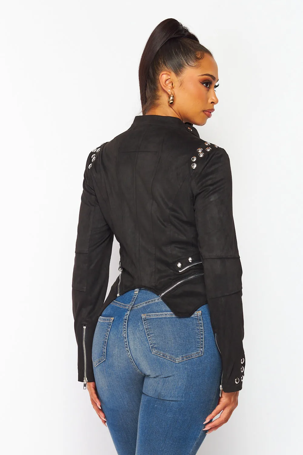 Angie Faux Suede Zipper Trim Crop Lapel Jacket
