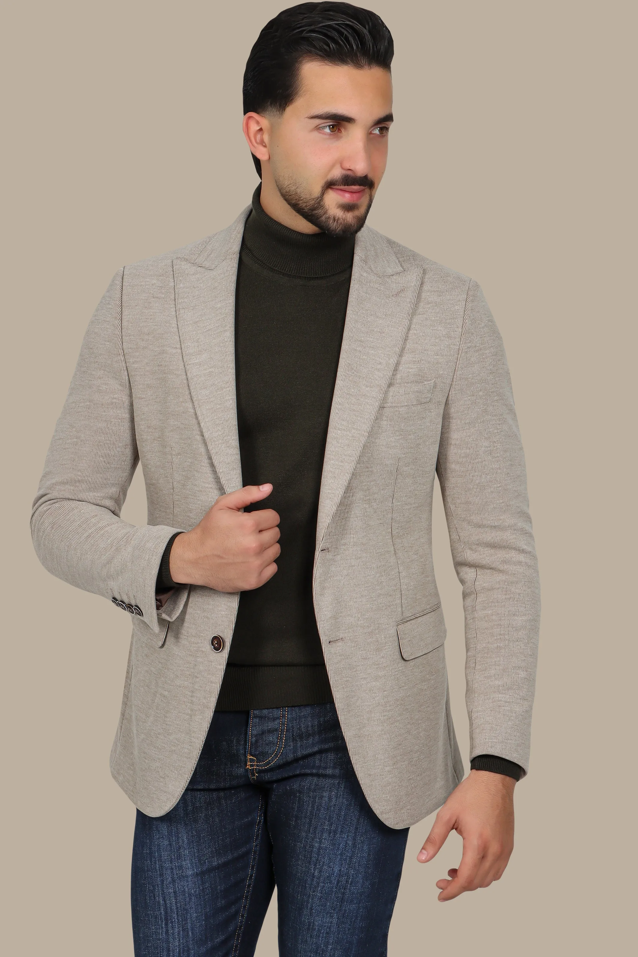 Beige Corduroy Slim Fit Blazer with Peak Lapel