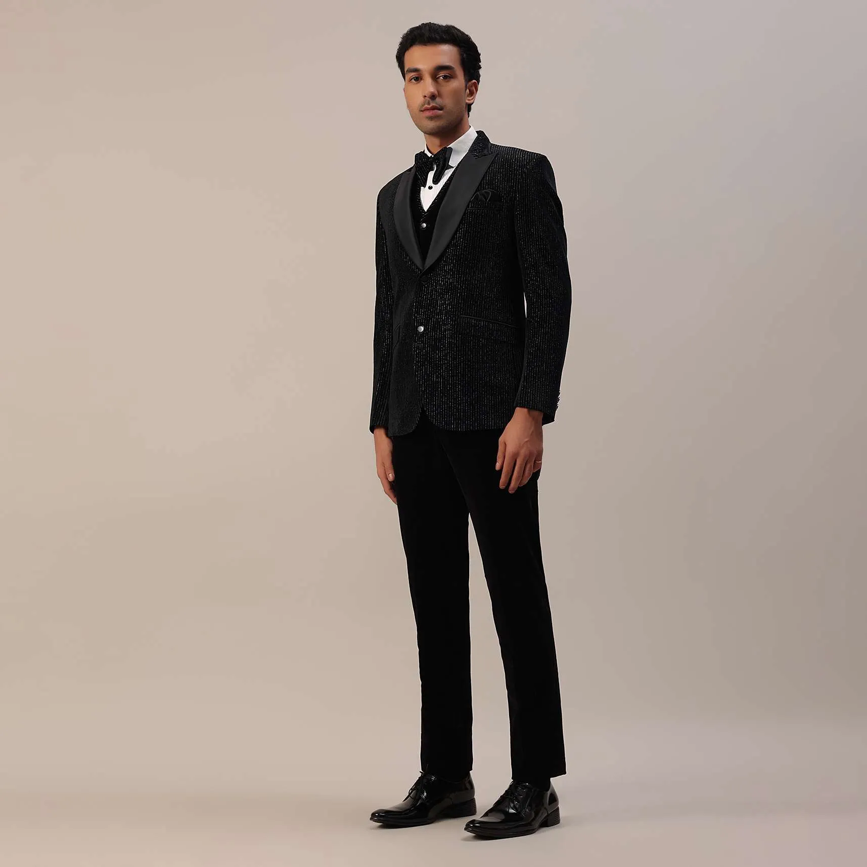 Black Velvet Tuxedo Set With Cut Work Embroidery