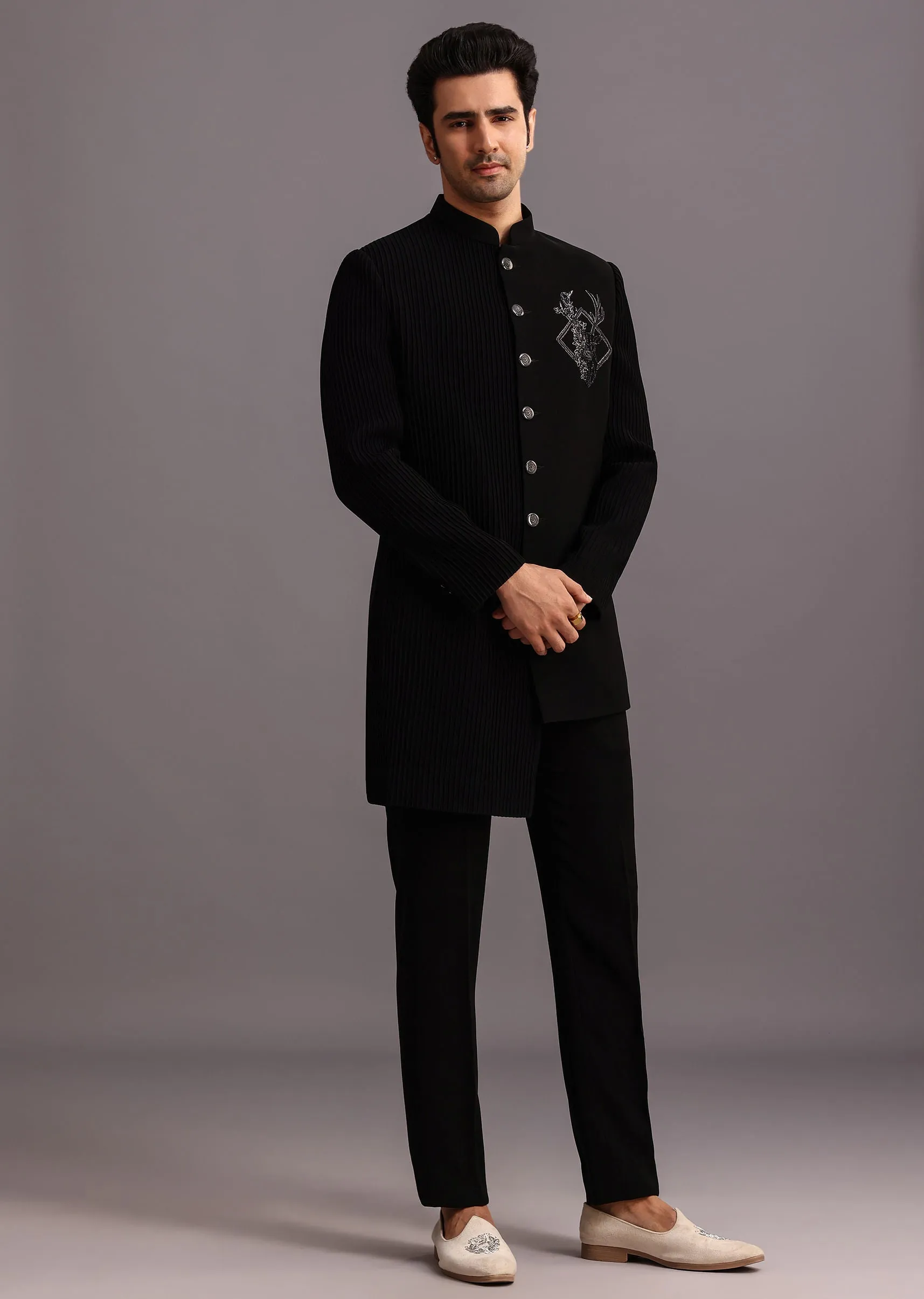 Black Zardosi Embroidered Indowestern Trouser Suit