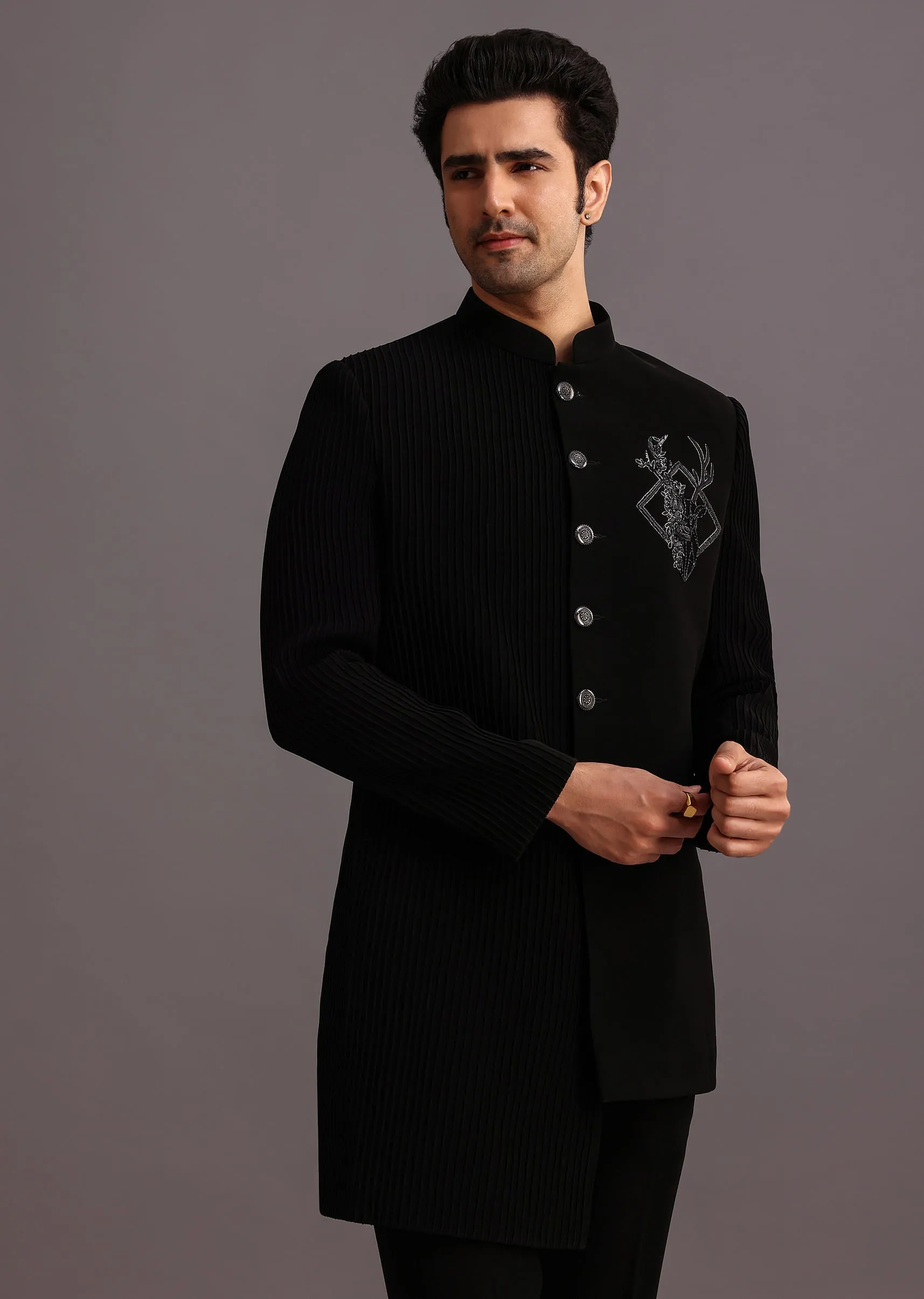 Black Zardosi Embroidered Indowestern Trouser Suit