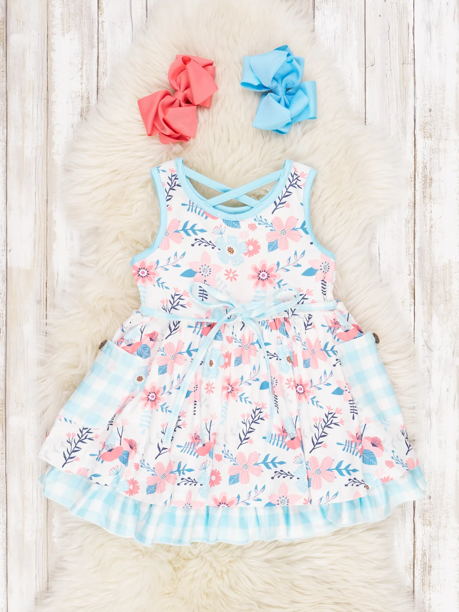 Blue Gingham Floral Tank Ruffle Dress