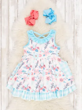 Blue Gingham Floral Tank Ruffle Dress