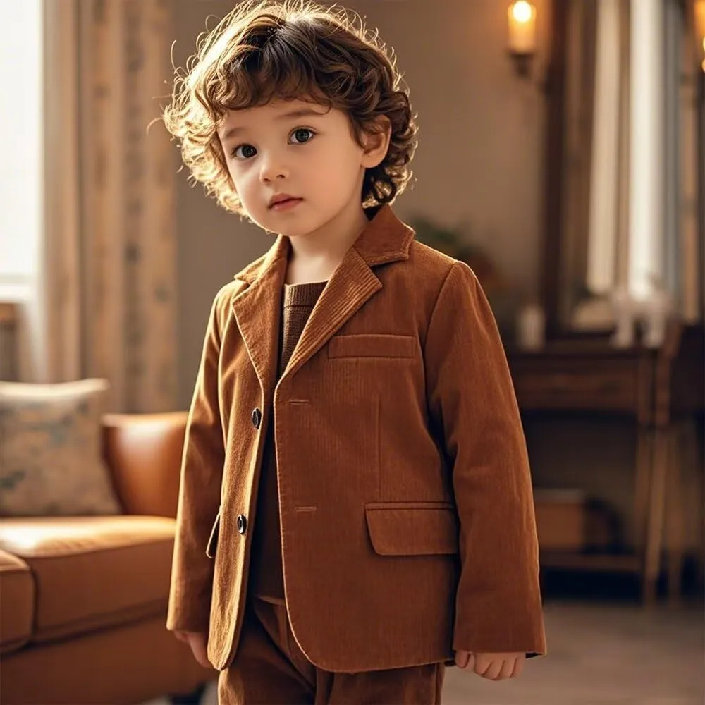 Boy Corduroy Suit Blazer Cute Slim Fit Notched Lapel Stylish Two Button Formal Suit Jacket for Boys Wedding