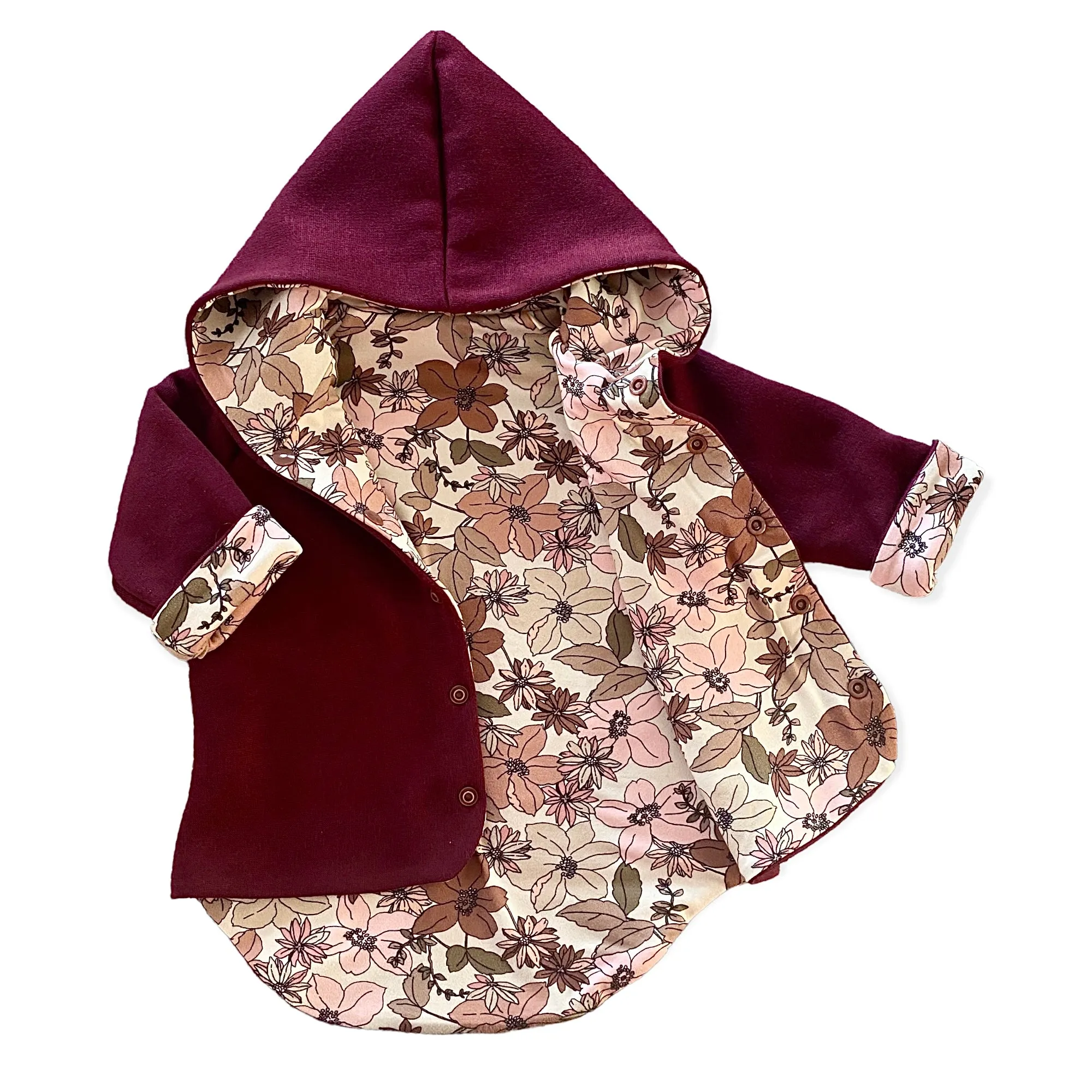 Burgundy and Nude Boho Floral Hooded Jacket