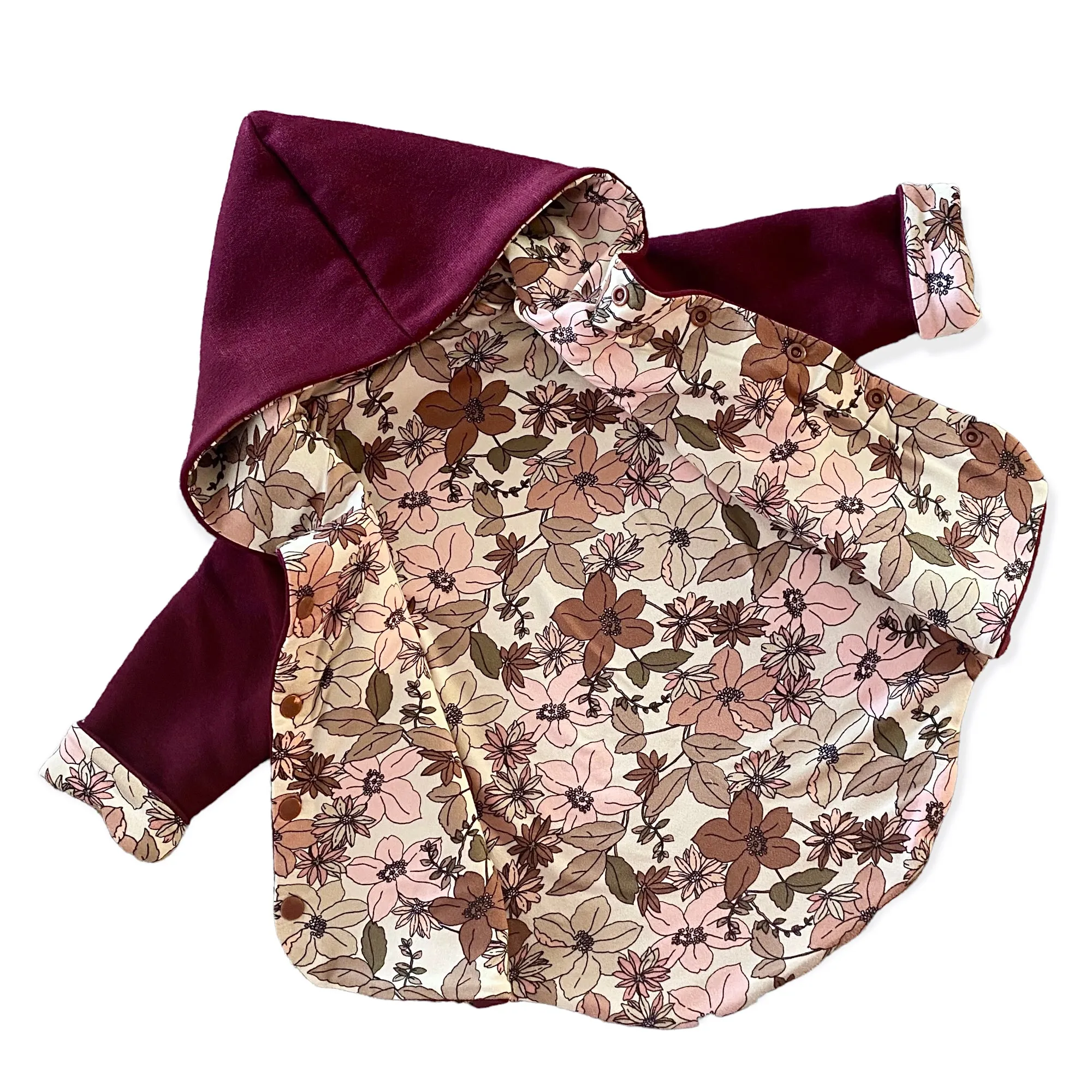 Burgundy and Nude Boho Floral Hooded Jacket