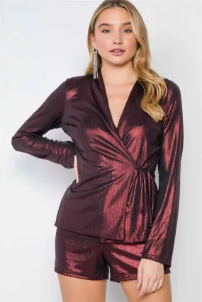 Burgundy Metallic Two Piece Top Short Set /3-3-2