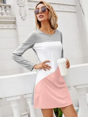 Casual Color Block Stitching Dress - Slim Fit with Round Neck