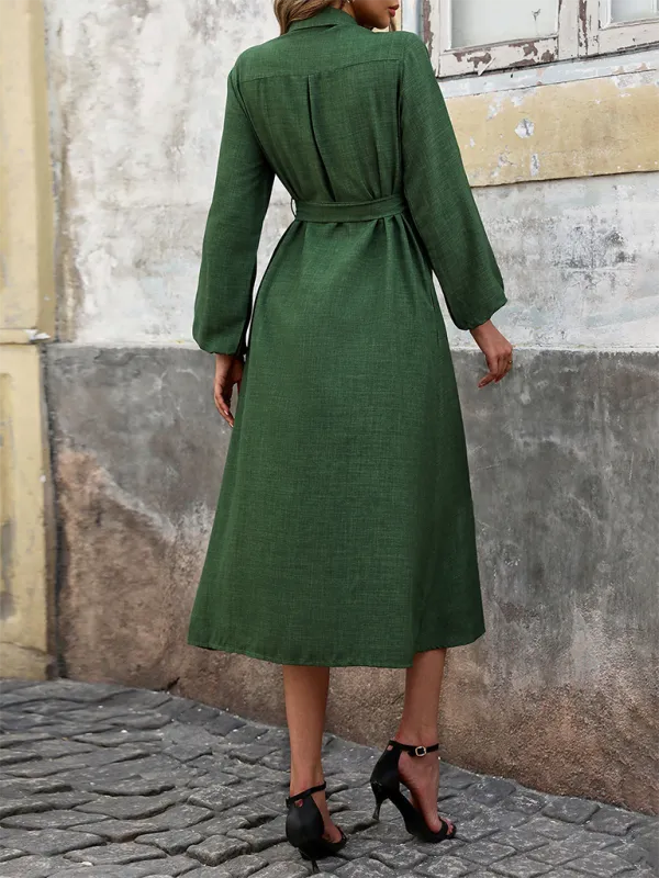 Chloe New Lapel Green Long Sleeve Solid Color Casual Dress