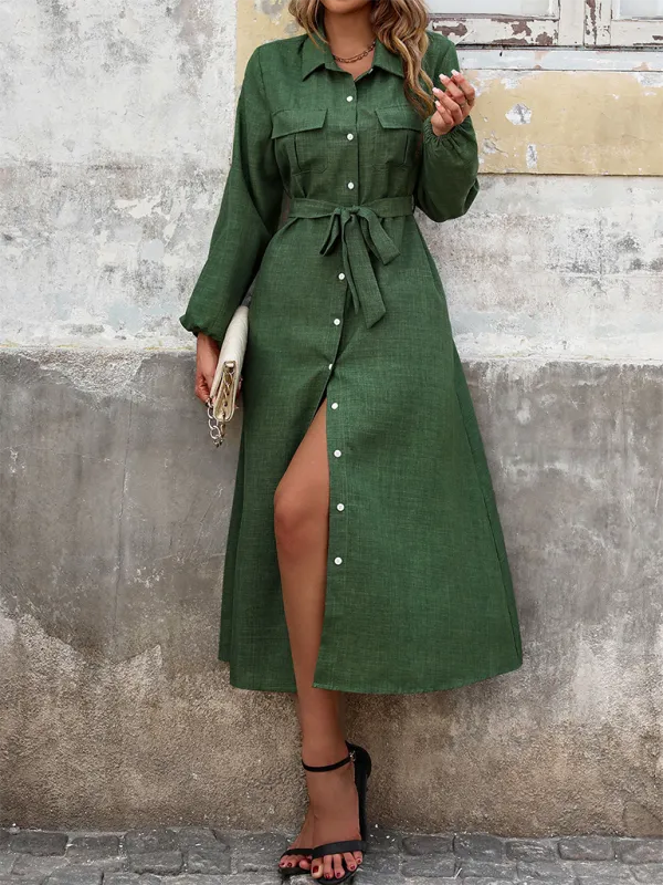 Chloe New Lapel Green Long Sleeve Solid Color Casual Dress