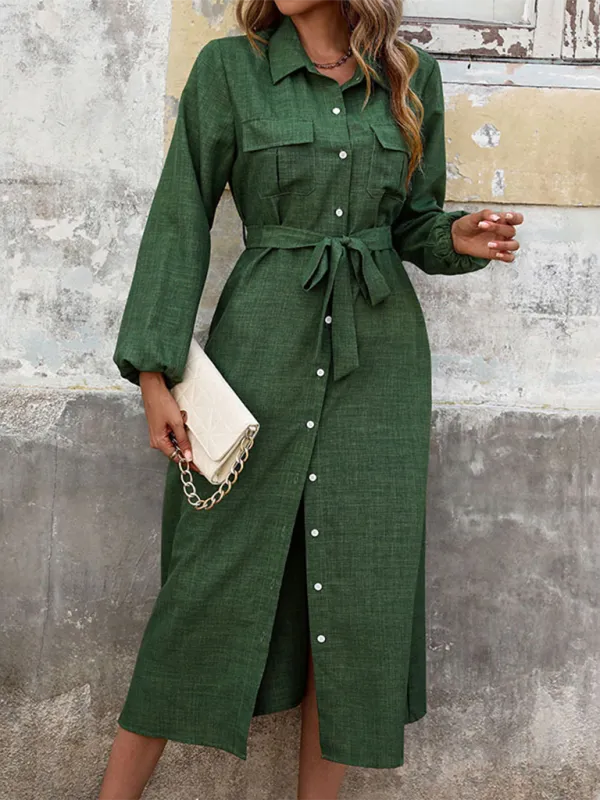 Chloe New Lapel Green Long Sleeve Solid Color Casual Dress