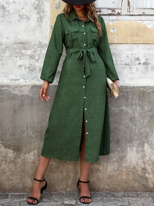 Chloe New Lapel Green Long Sleeve Solid Color Casual Dress