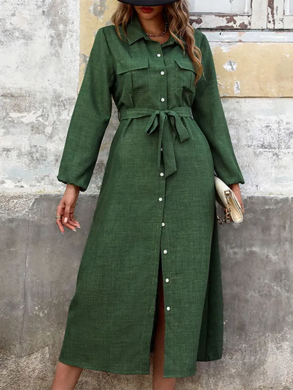 Chloe New Lapel Green Long Sleeve Solid Color Casual Dress