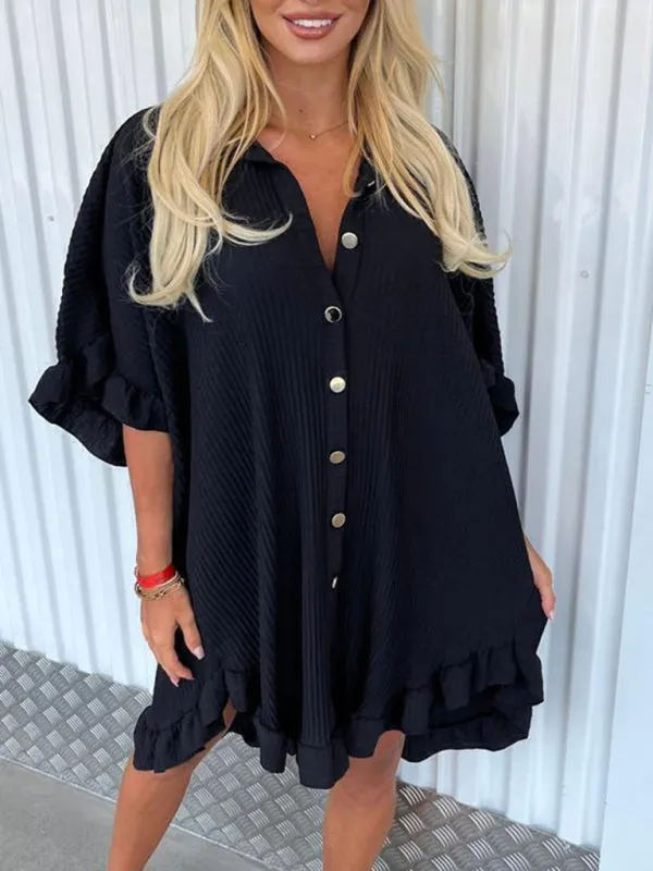 Dahlia New Women Fashion Solid Color Shirt Dress Ruffle Sleeve Irregular Shirt Dress