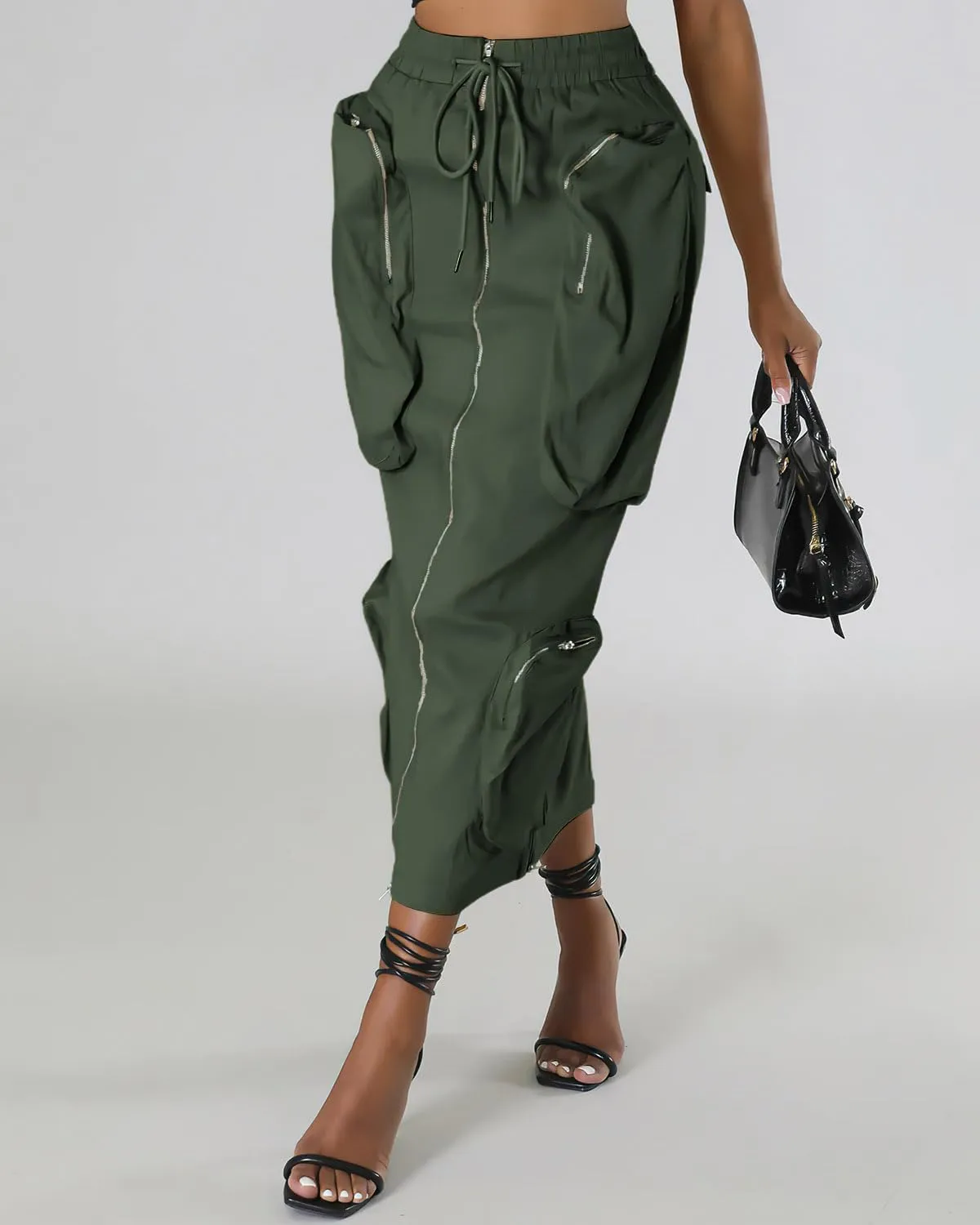 ebossy Women's Vintage 90s Drawstring Stretchy Zipper Muti-Pockets Pencil Long Cargo Skirt