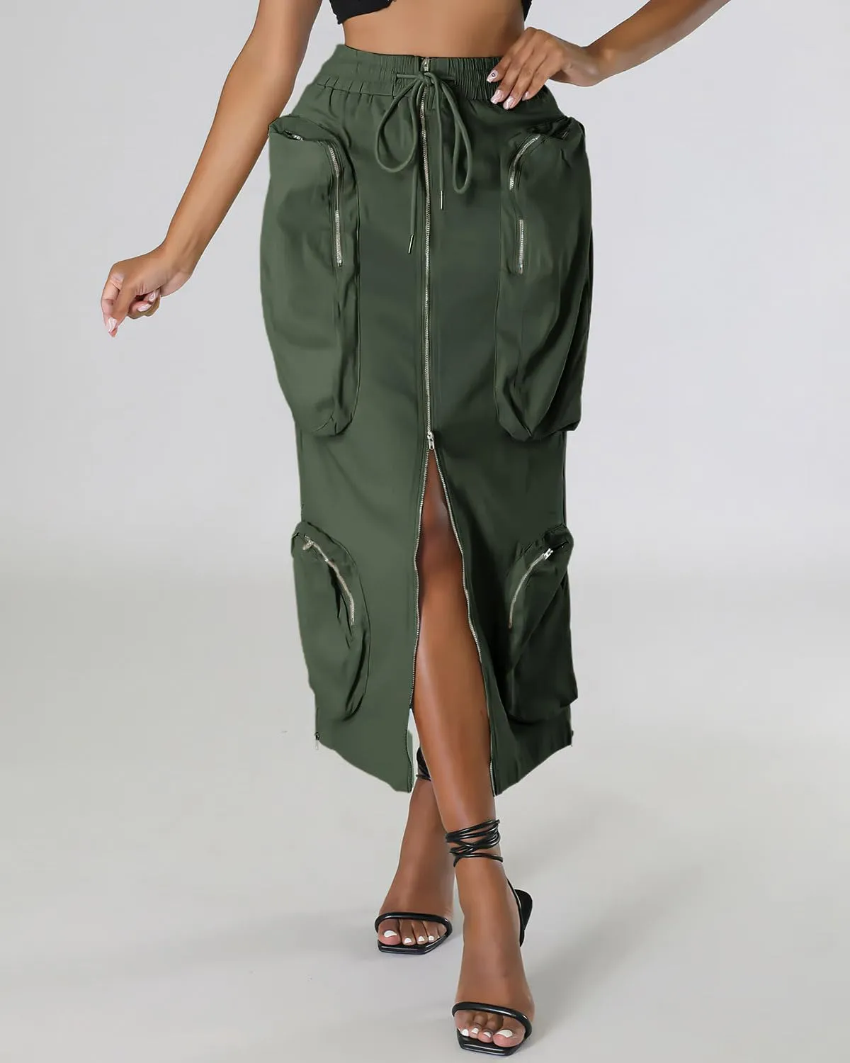 ebossy Women's Vintage 90s Drawstring Stretchy Zipper Muti-Pockets Pencil Long Cargo Skirt