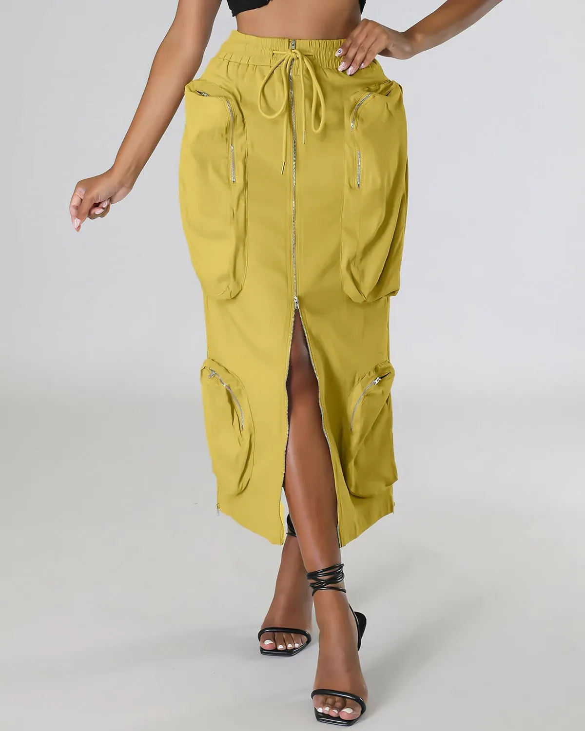 ebossy Women's Vintage 90s Drawstring Stretchy Zipper Muti-Pockets Pencil Long Cargo Skirt