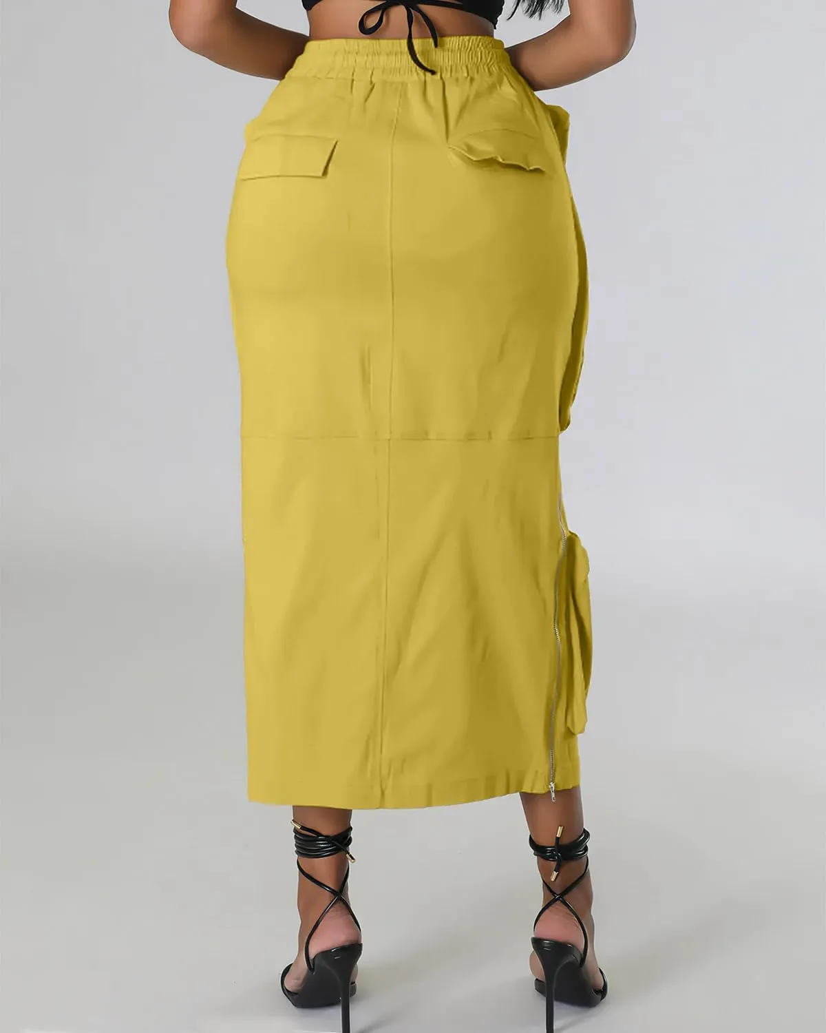 ebossy Women's Vintage 90s Drawstring Stretchy Zipper Muti-Pockets Pencil Long Cargo Skirt