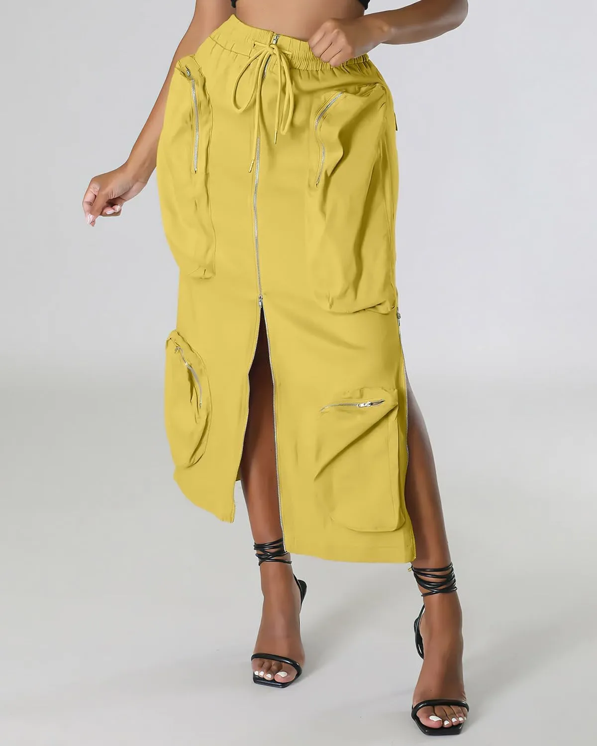 ebossy Women's Vintage 90s Drawstring Stretchy Zipper Muti-Pockets Pencil Long Cargo Skirt