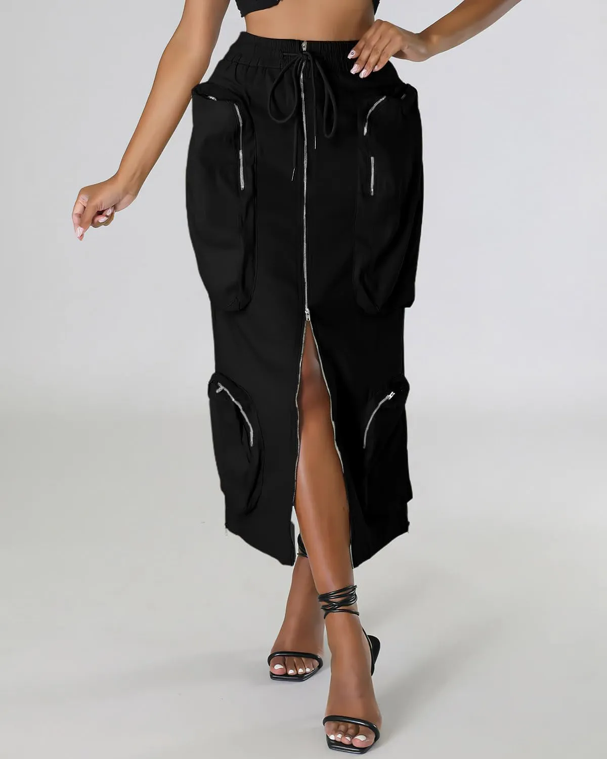 ebossy Women's Vintage 90s Drawstring Stretchy Zipper Muti-Pockets Pencil Long Cargo Skirt