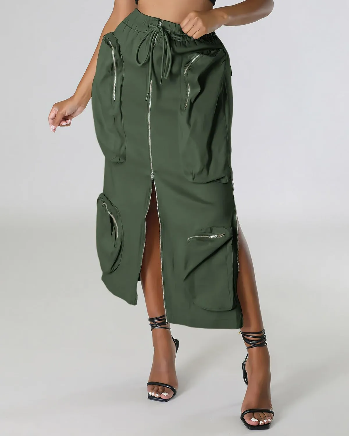 ebossy Women's Vintage 90s Drawstring Stretchy Zipper Muti-Pockets Pencil Long Cargo Skirt