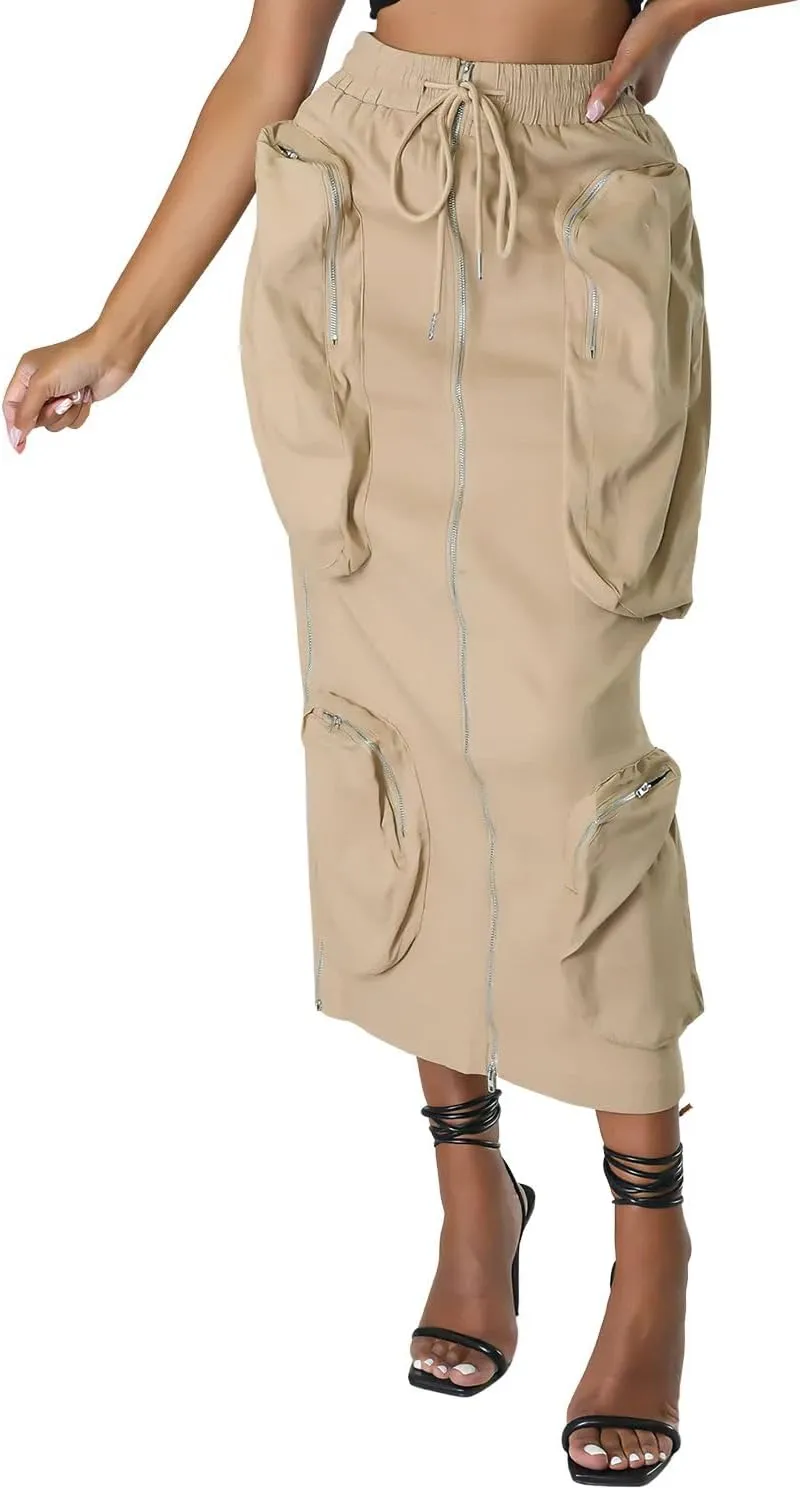 ebossy Women's Vintage 90s Drawstring Stretchy Zipper Muti-Pockets Pencil Long Cargo Skirt