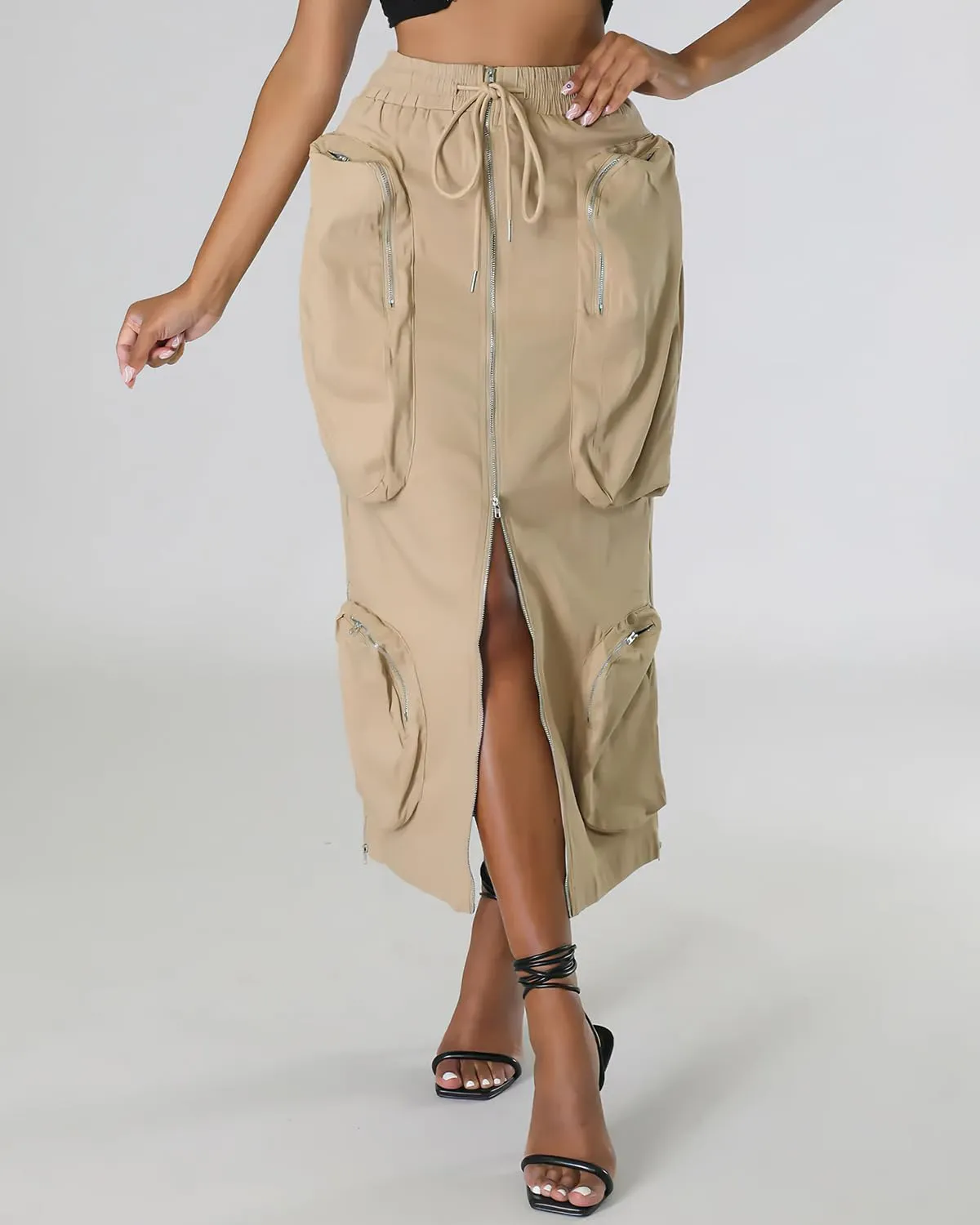 ebossy Women's Vintage 90s Drawstring Stretchy Zipper Muti-Pockets Pencil Long Cargo Skirt