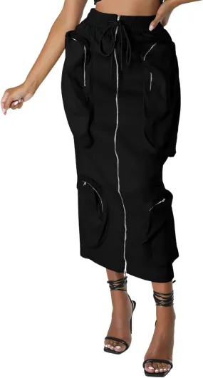 ebossy Women's Vintage 90s Drawstring Stretchy Zipper Muti-Pockets Pencil Long Cargo Skirt