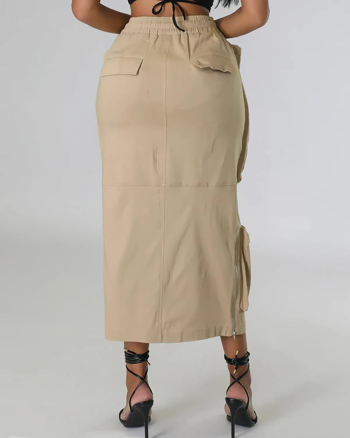 ebossy Women's Vintage 90s Drawstring Stretchy Zipper Muti-Pockets Pencil Long Cargo Skirt
