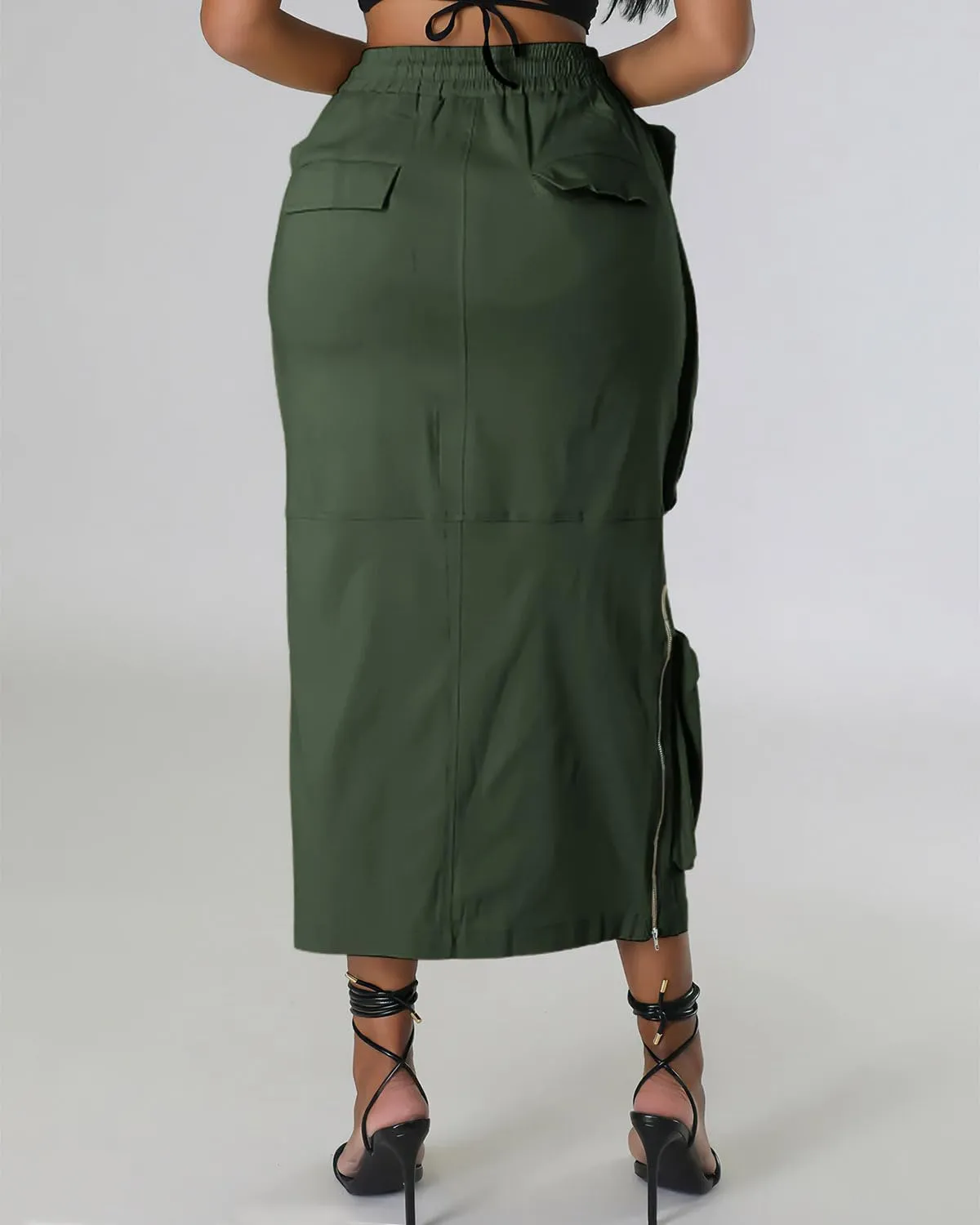 ebossy Women's Vintage 90s Drawstring Stretchy Zipper Muti-Pockets Pencil Long Cargo Skirt