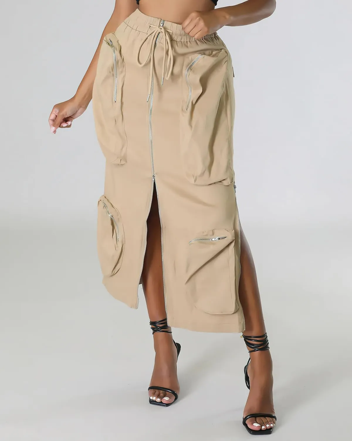 ebossy Women's Vintage 90s Drawstring Stretchy Zipper Muti-Pockets Pencil Long Cargo Skirt