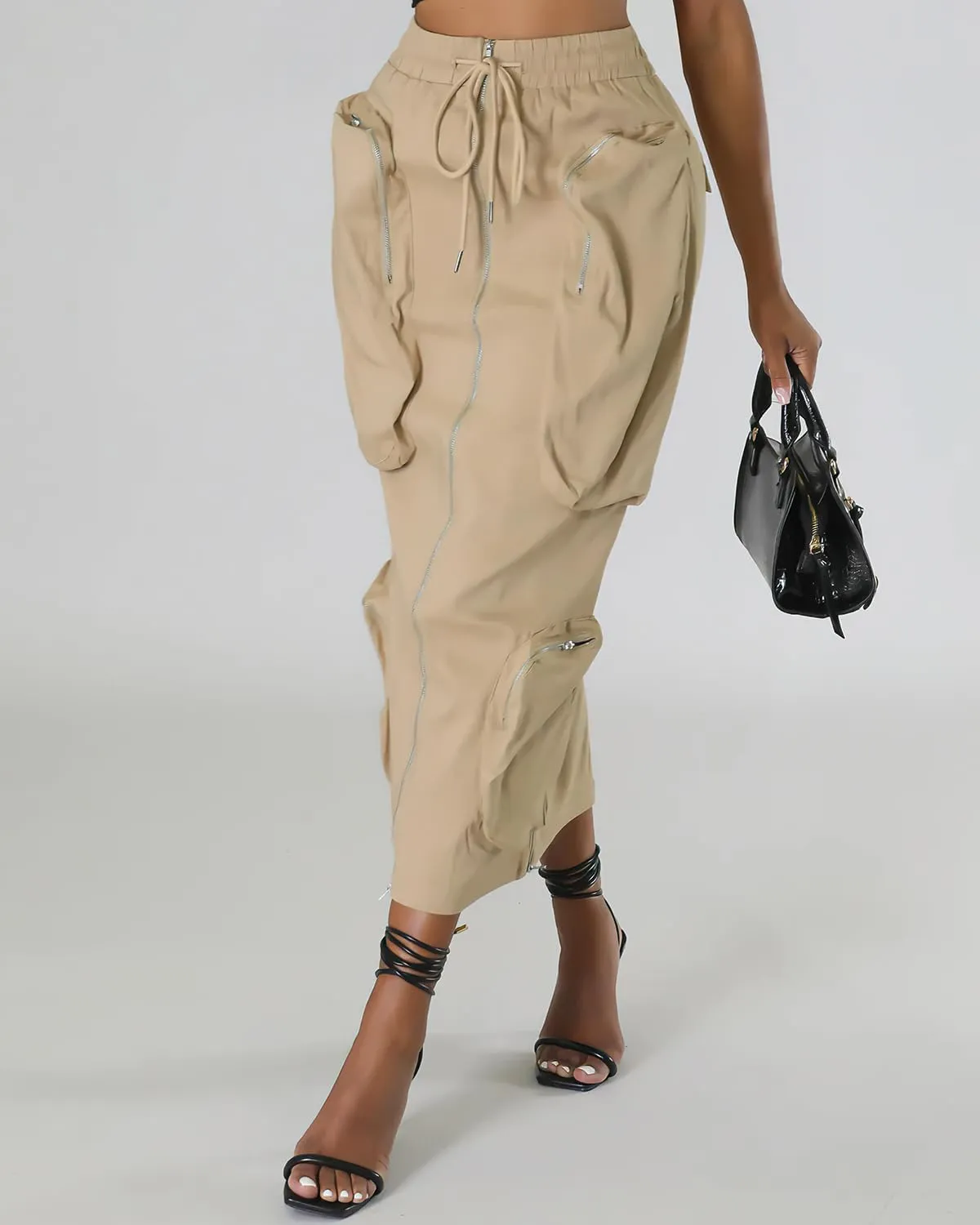 ebossy Women's Vintage 90s Drawstring Stretchy Zipper Muti-Pockets Pencil Long Cargo Skirt