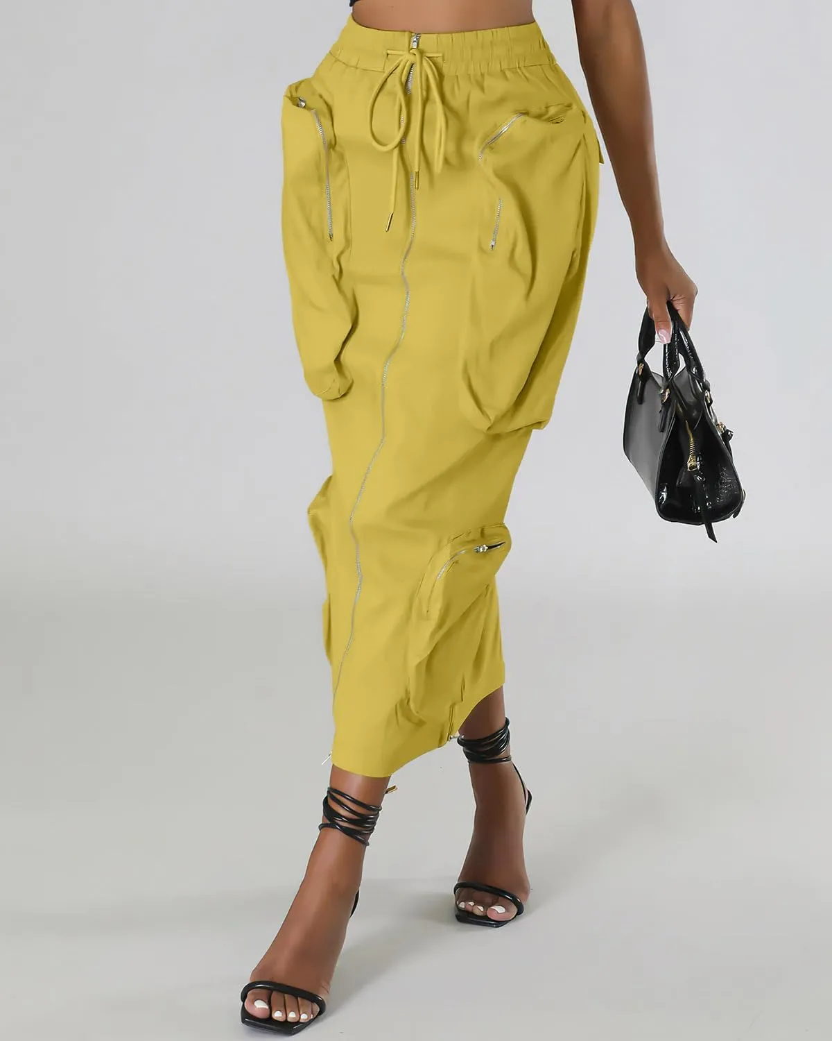 ebossy Women's Vintage 90s Drawstring Stretchy Zipper Muti-Pockets Pencil Long Cargo Skirt