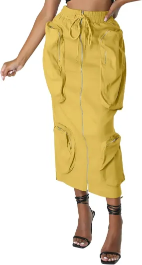 ebossy Women's Vintage 90s Drawstring Stretchy Zipper Muti-Pockets Pencil Long Cargo Skirt