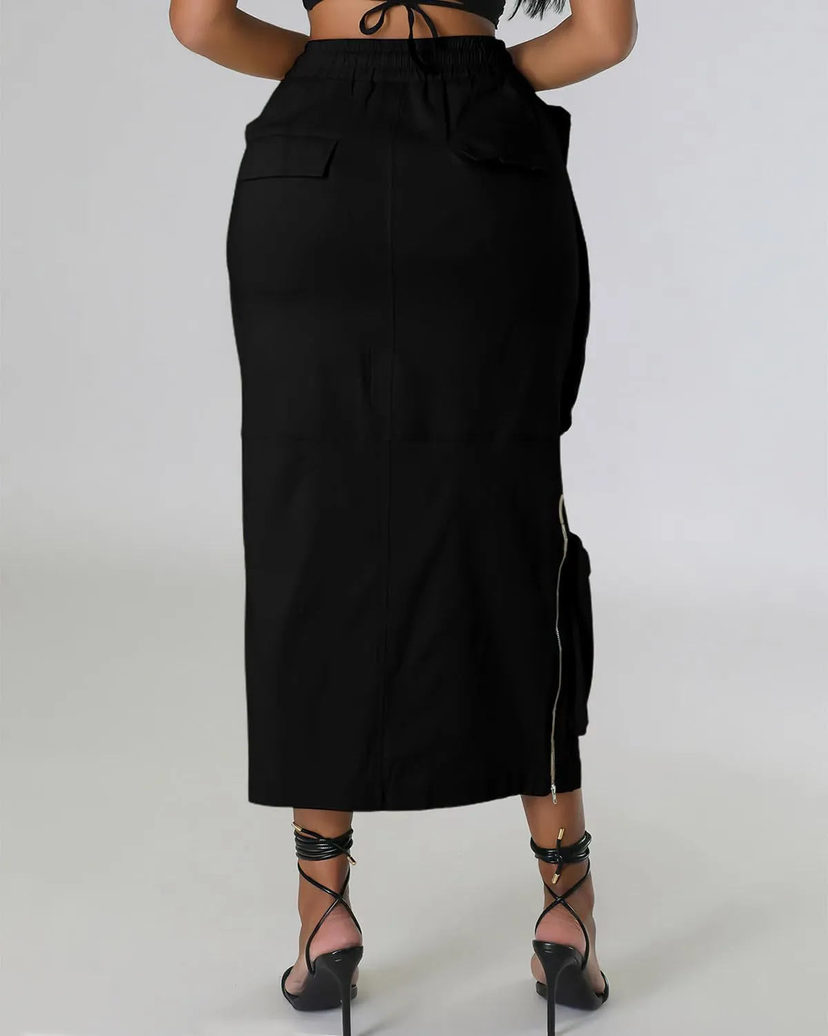 ebossy Women's Vintage 90s Drawstring Stretchy Zipper Muti-Pockets Pencil Long Cargo Skirt