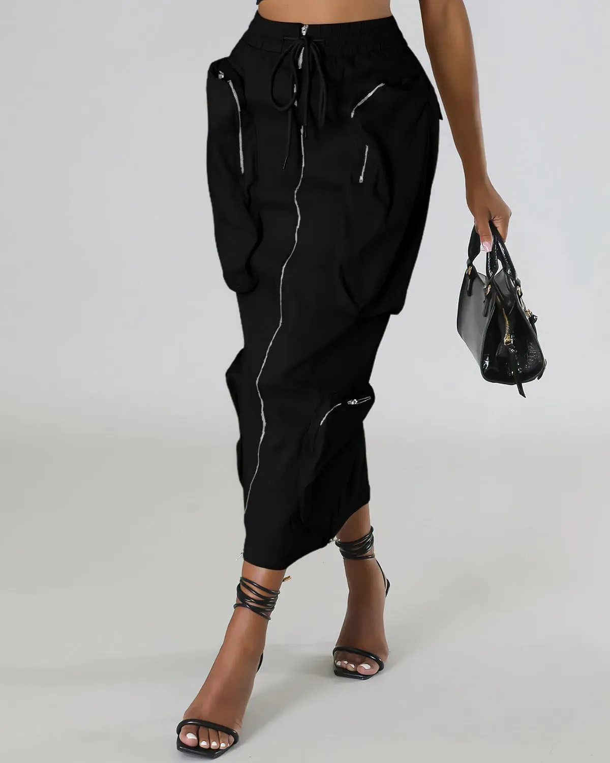 ebossy Women's Vintage 90s Drawstring Stretchy Zipper Muti-Pockets Pencil Long Cargo Skirt