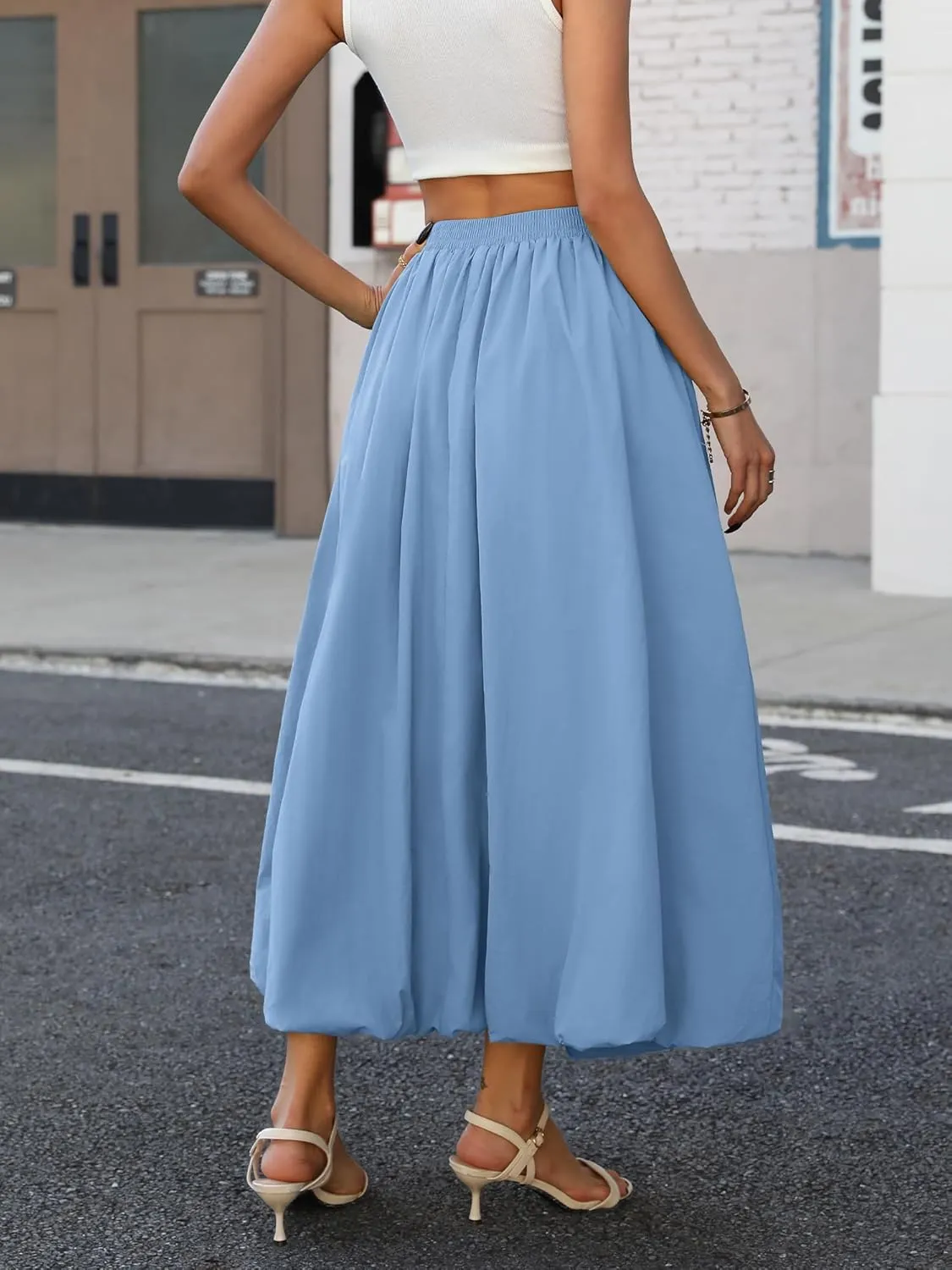 ELLEVEN Women's Bubble Maxi Skirt with Pockets，Elastic Waist Puffy Hem Y2k Skirt Casual A Line Long Skirts