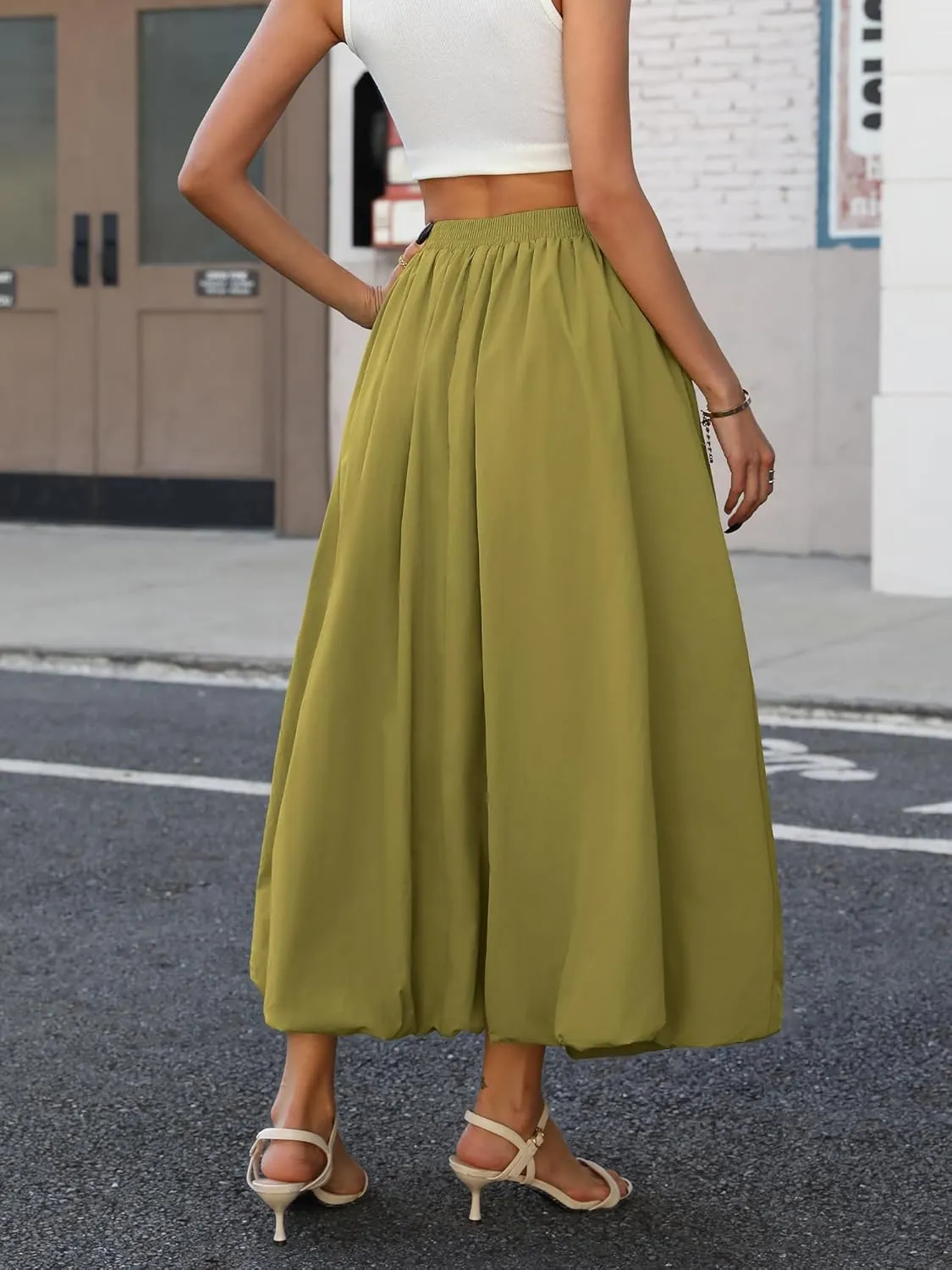 ELLEVEN Women's Bubble Maxi Skirt with Pockets，Elastic Waist Puffy Hem Y2k Skirt Casual A Line Long Skirts